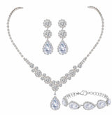 Paxuan Silver / Gold Rhinestone Crystal Wedding Bridal Bridesmaids Earrings Bracelet Set for Women Brides Bridesmaids Crystal Rhinestone Jewelry Set for Wedding Bridal Prom Pageant (Style2 - Necklace + Earrings + Bracelet(Silver Plated White Cubic Zirconi