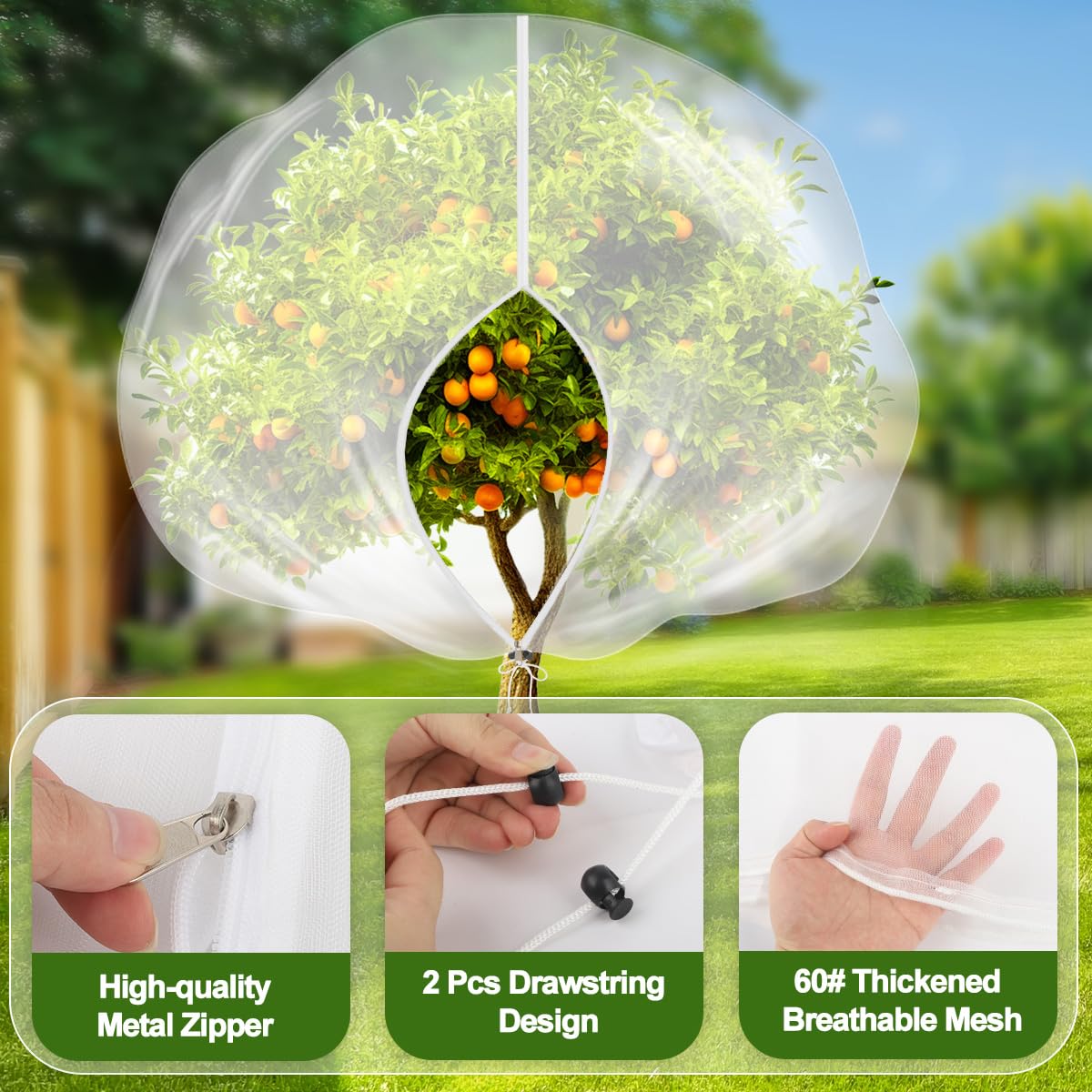 2 Pack 12x12FT Extra Large Fruit Tree Netting with Double Zipper & Double Drawstring, Heavy Duty Bird Netting for Fruit Trees, Reusable Tree Net to Protect Large Trees from Birds, Squirrels, Deer