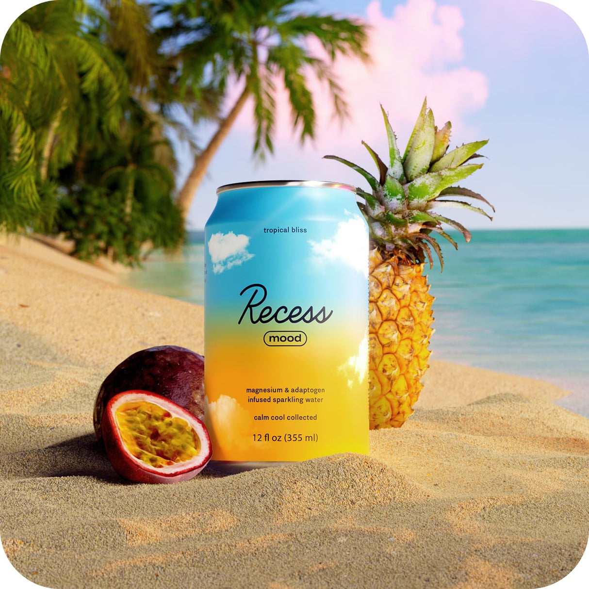 Recess Mood Magnesium & Adaptogen Drink, Relaxation Beverage, 12 Ounce (Tropical Bliss, 12 Pack)