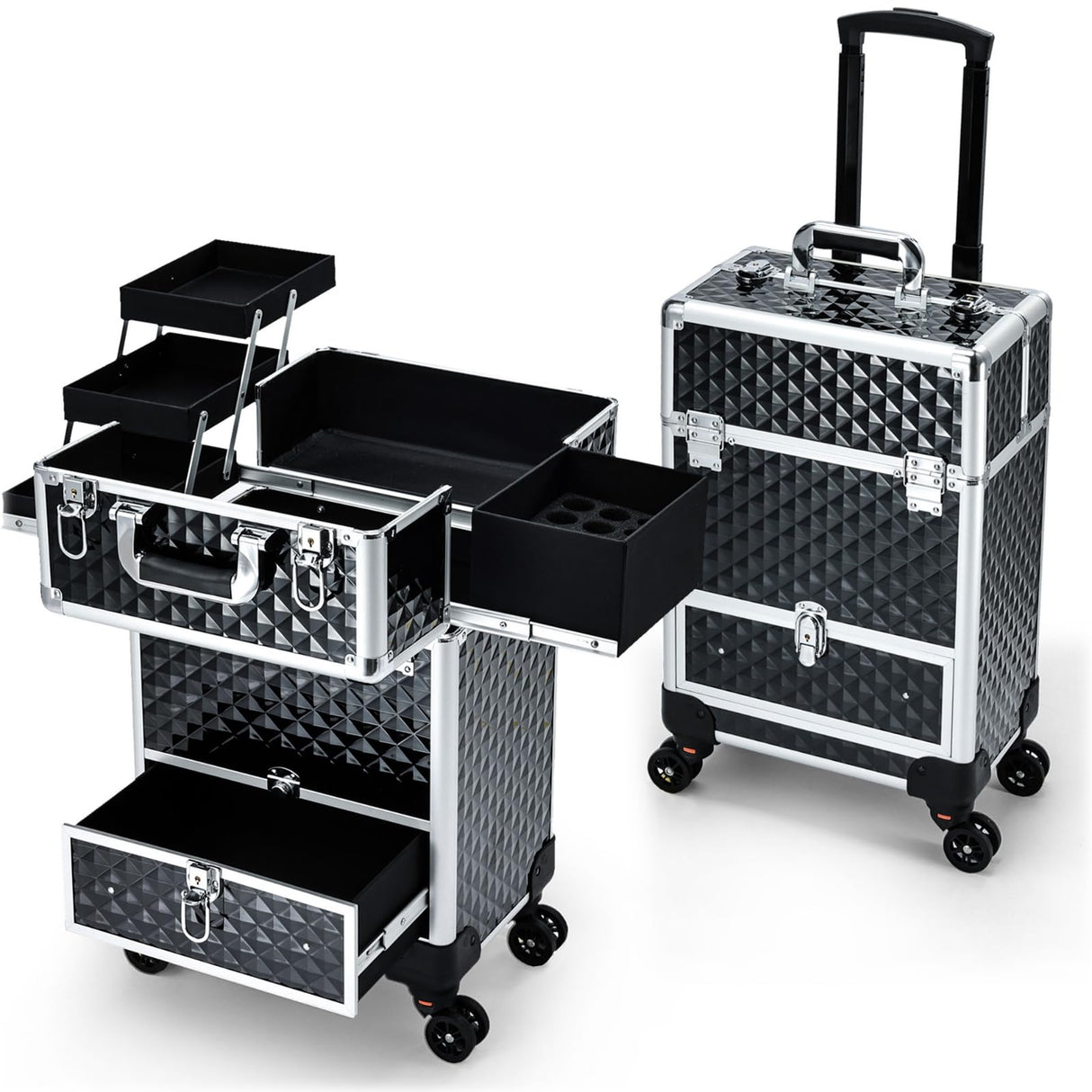 Hododou Rolling Makeup Case Cosmetic Travel Trolley Storage Sliding Drawer 4 Tray Makeup Travel Case with Wheels Salon Barber Case Traveling Cart Trunk for Cosmetologist Nail Tech Hairstylist Black