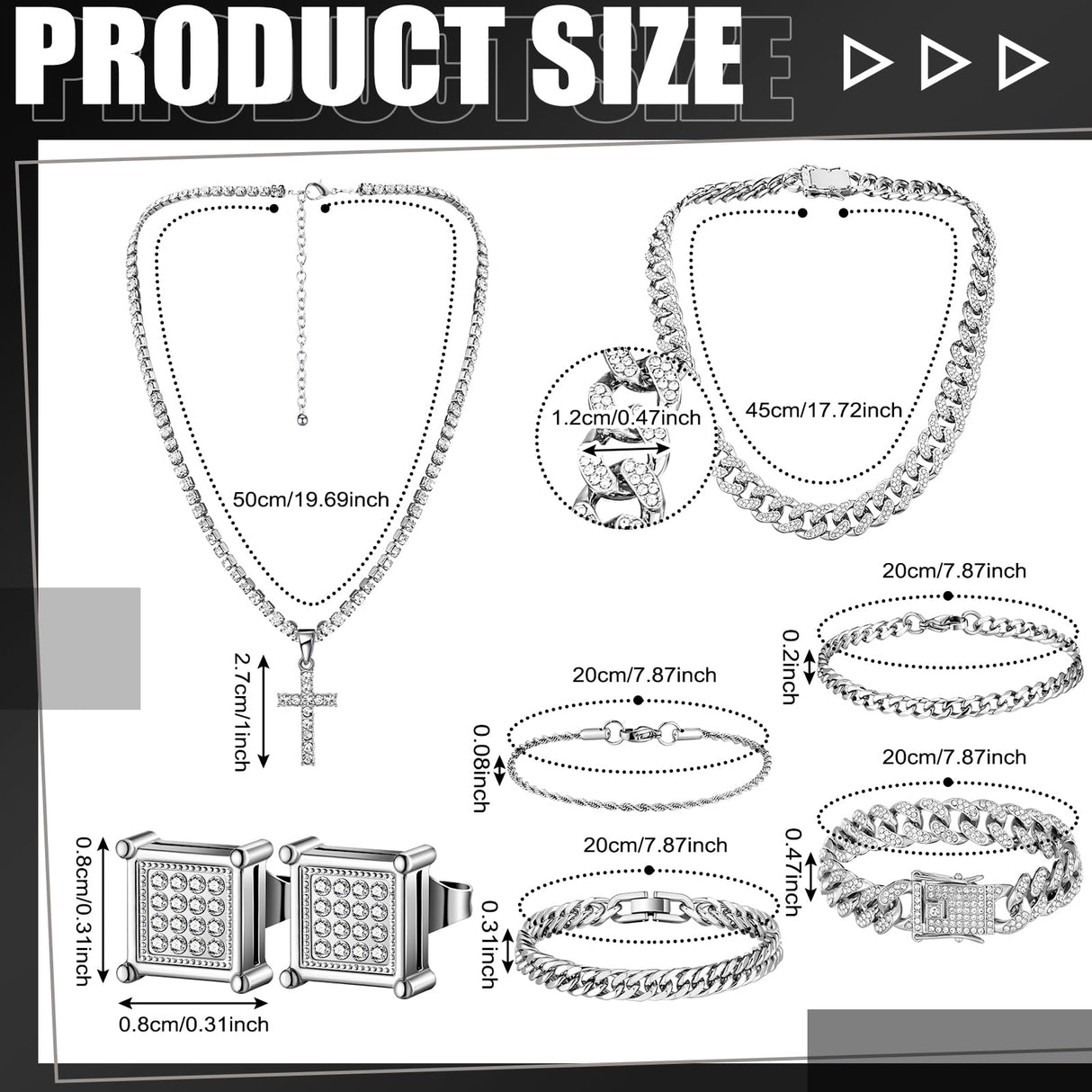 Yinkin 6 Pcs Men Jewelry Set Hip Hop Diamond Chain Bracelet Set, Silver