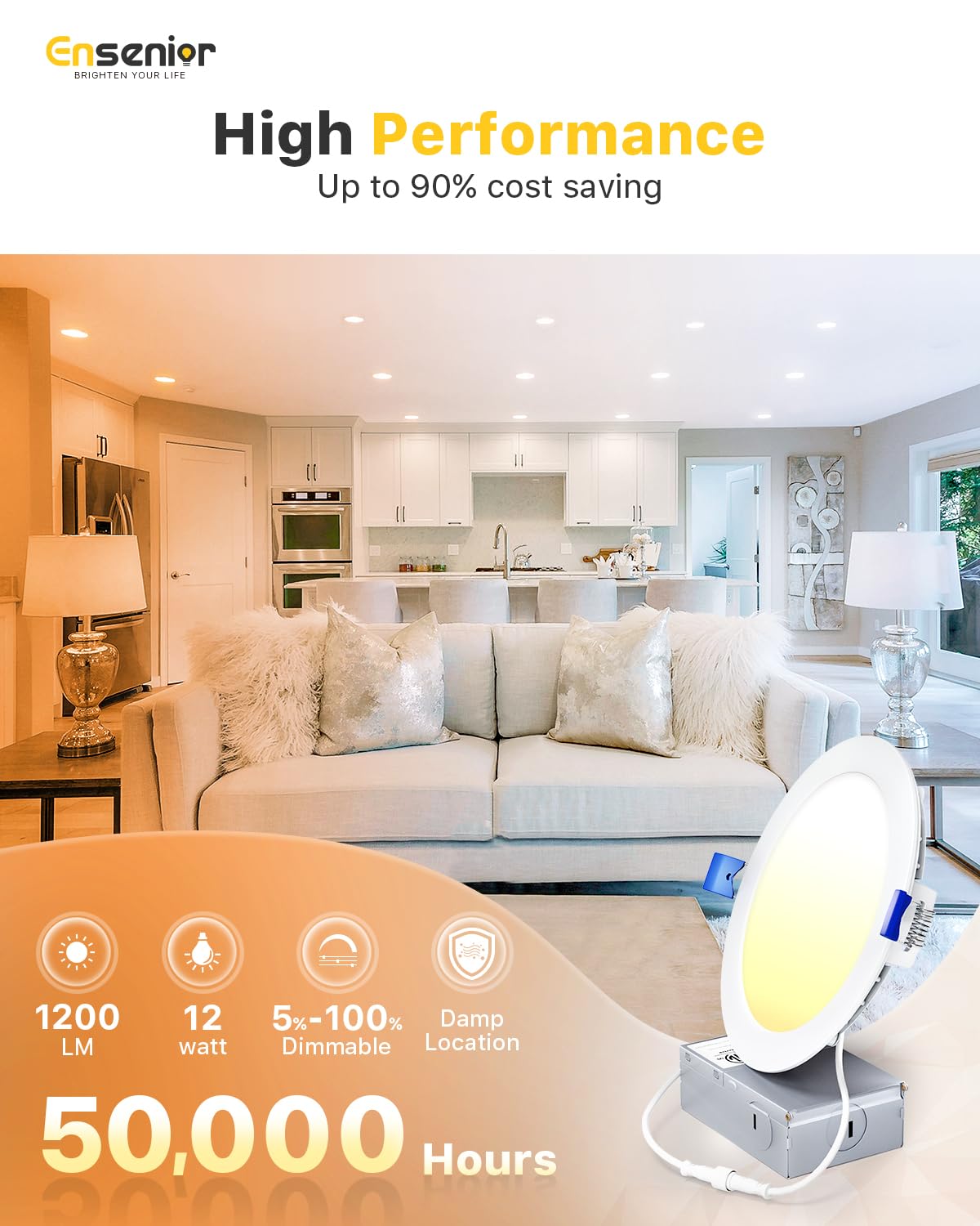 Ensenior 12 Pack 6 Inch LED Recessed Light, Dimmable, 5000K Daylight, 1200LM High Brightness, 12W 120V, Damp Rated, ERL-12X-ETL, Ultra-Thin Canless Wafer Light - ETL & FCC & IC