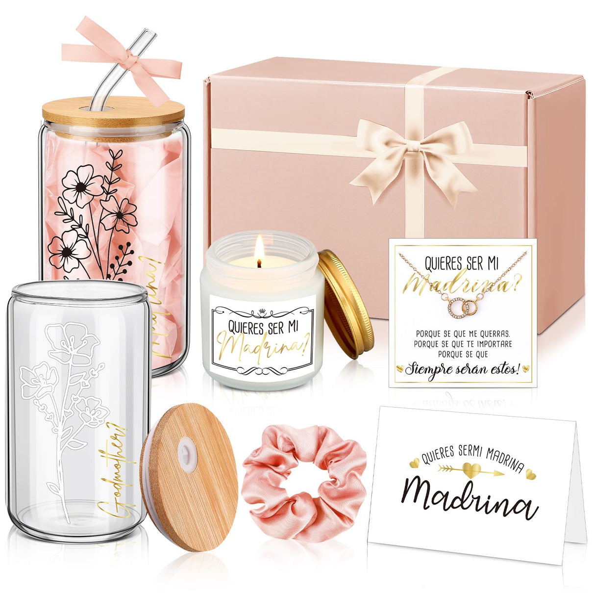 Singhoow 6 Pcs Godmother Proposal Gift Set, 16oz Cup,Spanish,Pink