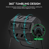 F2C Compost Bin Outdoor 43 Gallon Garden Dual Chamber Composter Bin - Bundled with Pearson's Gardening Gloves, BPA Free, Heavy-Duty Steel Frame, Rotating Tumbler with Sliding Doors -Black