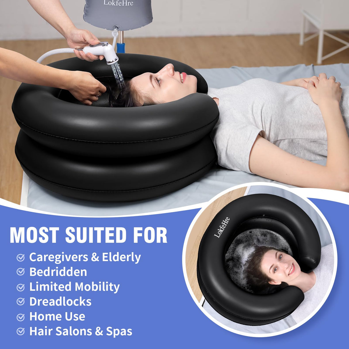 LOKFEHRE Large Portable Inflatable Hair Washing Basin for Bedridden - Wash Hair in Bed with Inflatable Shampoo Bowl.For Elderly,Disabled,Injured,Ideal Inflatable Sink for Locs Detox (Black)