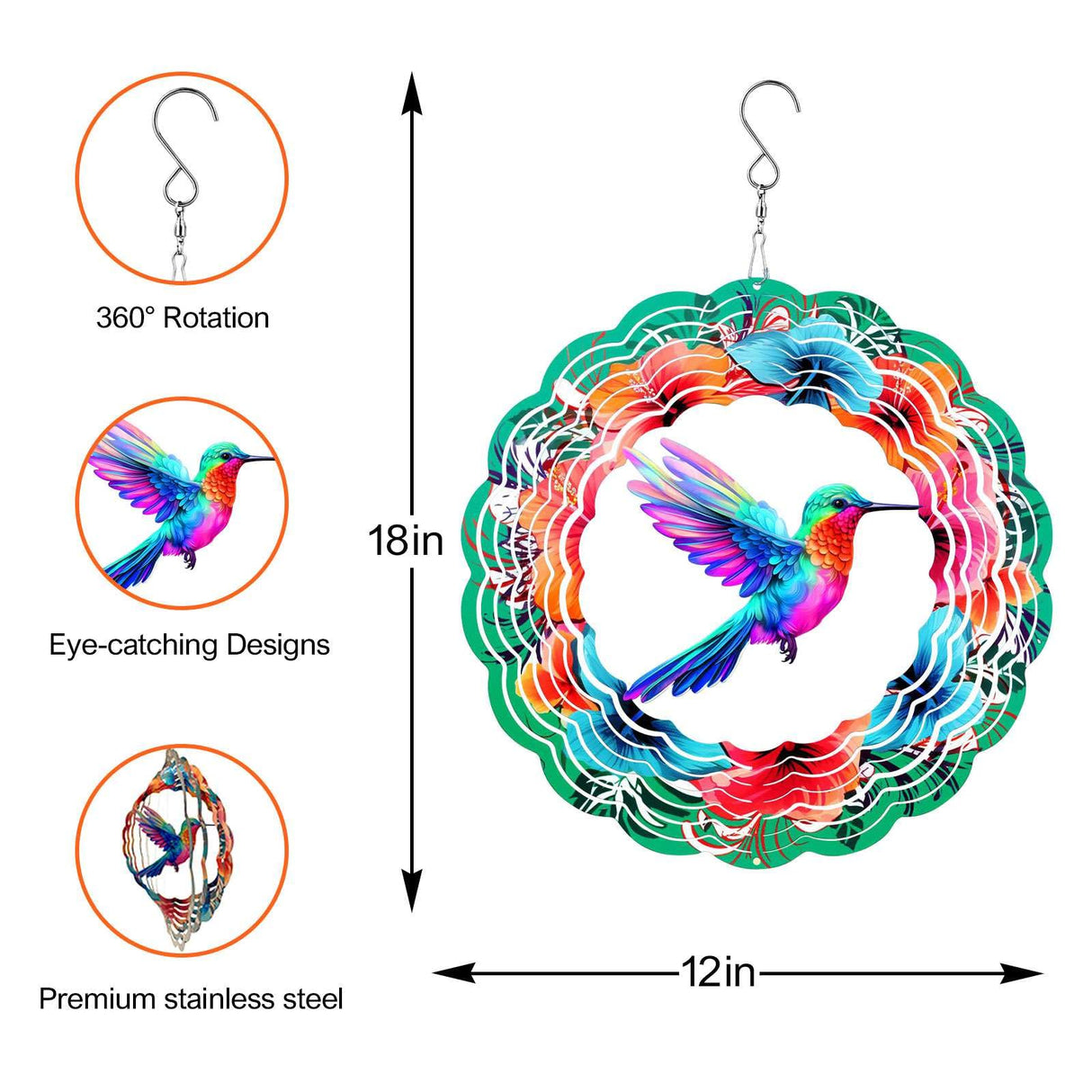 Hummingbird Wind Spinners Hanging Outdoor Decor, 12 Inch 3D Kinetic Yard Art Hummingbird Metal Sculpture Birthday Gifts for Bird Lovers, Mom, Women for Yard, Garden