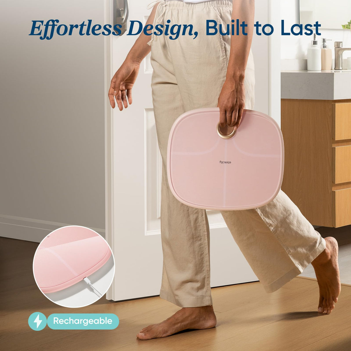 Etekcity Smart Rechargeable Scale for Body Weight, BMI, Fat, Muscle Mass, FSA HSA Eligible, Digital Bathroom Scale with 13 Metrics, Secret Mode, Bluetooth Connect to Free Apps, Cotton Candy Pink
