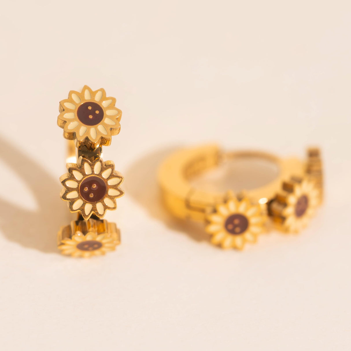 Oh Clementine 3D Sunflower Huggie Hoop Adjustable Clasp Earrings for Women- 316L Stainless Steel with 18k PVD Gold Coating
