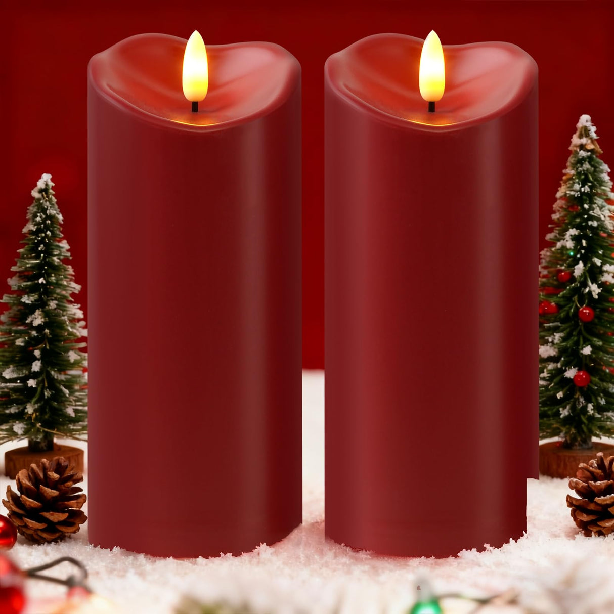 Raycare 8"x3" Outdoor Waterproof Flameless Candles with Remote and Timer, Battery Operated LED Electric Fake Pillar Candle for Valentine's Day, Home, Wedding Decor, Red, Set of 2