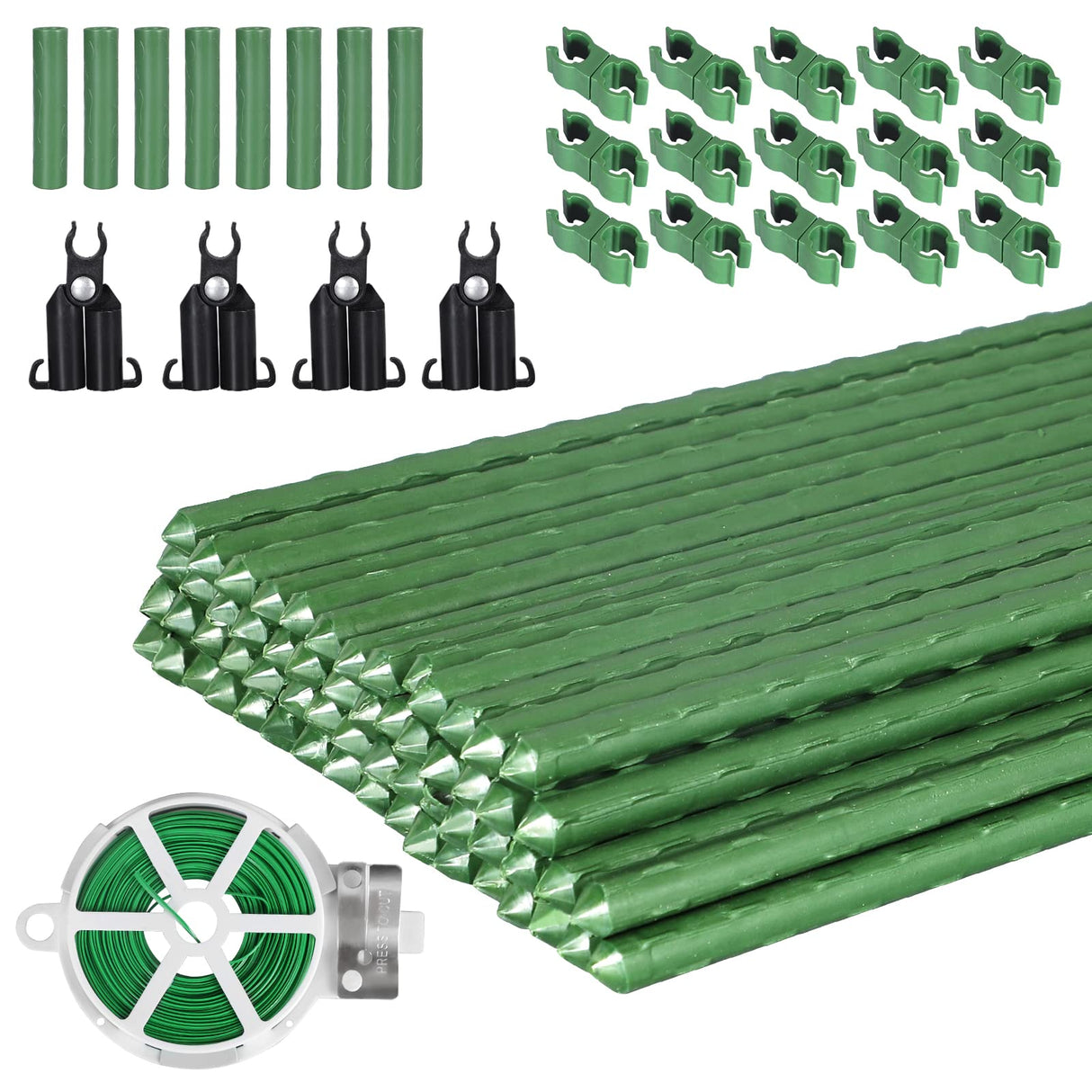 Garden Stakes 60 Pack, 16 Inch Each, DIY 3ft 4ft 5ft 6ft 7ft Sturdy Steel Plant Stakes with 50 Connectors, 30 Rotatable Clips, 10 A-Type Connecting Pipe and 164 Feet Twist Tie for Climbing Plants