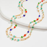 MTMY Beaded Necklaces for Women 14K Gold Plated Dainty Colorful Green/Rose Beaded Pearl Choker Necklace Delicate Boho Jewelry Gift (Layer-mix color)
