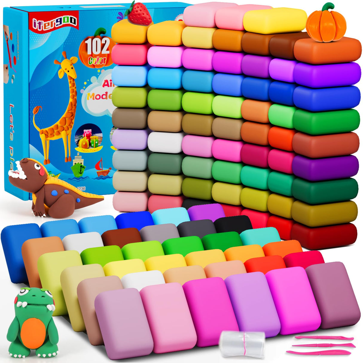 ifergoo Air Dry Clay for Kids - 102 Colors Molding Magic Clay Kit, Safe & Non-Toxic, Kids DIY Model Art & Crafts Toys with Sculpting Tools, Birthday & Christmas Gifts for Boys & Girls 3-12 Years Old