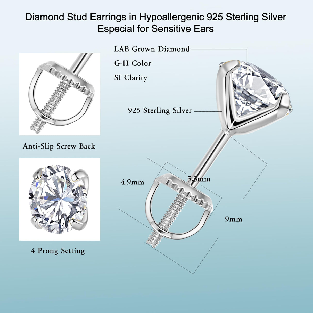 Lab-Grown Diamond Stud Earrings in Hypoallergenic 925 Sterling Silver, Screw Back, 1/5 to 2 1/2 Cttw, Round Princess Cushion Cut, 4 Prong, G-H Color, SI Clarity (Silver, 0.3 cttw (0.15ct each)-3.3mm, White Round Diamond)