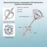 Lab-Grown Diamond Stud Earrings in Hypoallergenic 925 Sterling Silver, Screw Back, 1/5 to 2 1/2 Cttw, Round Princess Cushion Cut, 4 Prong, G-H Color, SI Clarity (Silver, 0.3 cttw (0.15ct each)-3.3mm, White Round Diamond)