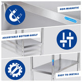 KUARBARR Stainless Steel Table for Prep & Work with Undershelf 24 x 30 Inches NSF Metal Commercial Kitchen Prep Table with Adjustable Under Shelf Worktable for Restaurant Home Outdoor