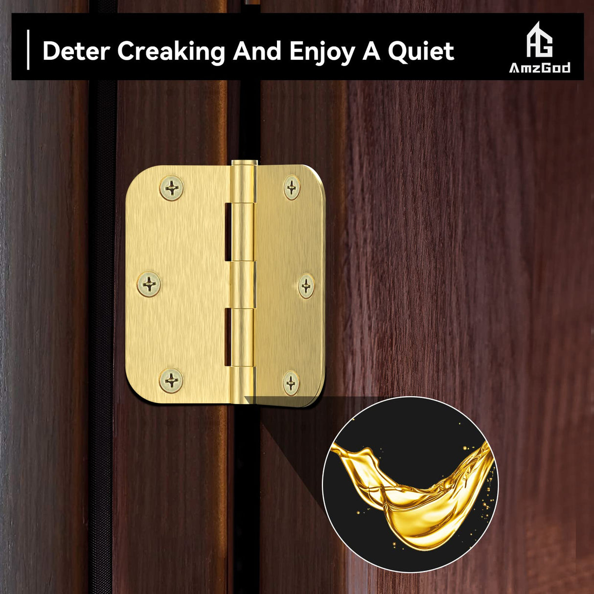 AmzGod Satin Brass Door Hinges - 12 Pack Gold Door Hinges 3.5 Inch Rounded Interior Door Hinge with 5/8" Radius - 3 1/2 Inches Flat Iron Brass Hinges for Residential Standard Doors