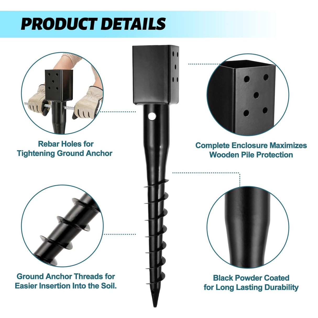 XYADX No Dig Ground Screw Anchor - Black Post Stake for 4x4 Wood Posts, Includes Lag Bolts & 27" Rebar, for Mailbox Posts and Fence Posts Anchor, 1 Pack