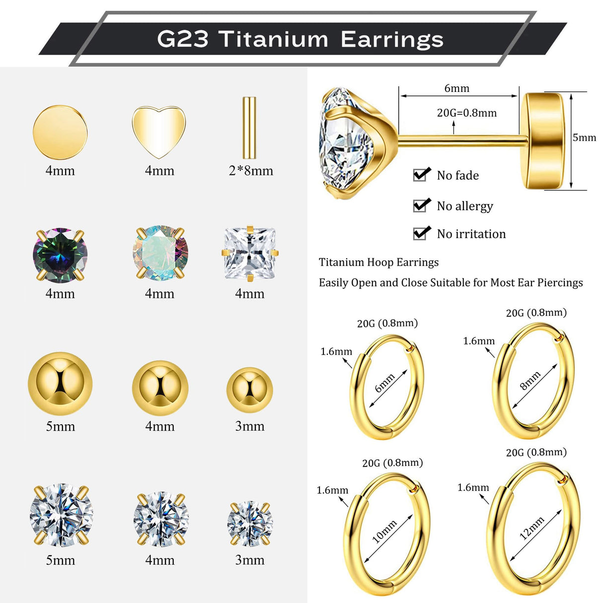 Hypoallergenic Titanium Earrings for Sensitive Ears 14K Gold Plated Opal Ball CZ Heart Flat Back Earrings for Women Men Small Surgical Steel Flatback Stud Hoop Cartilage Earring Set for Multiple Piercing (D-Gold Tone-16Pairs)