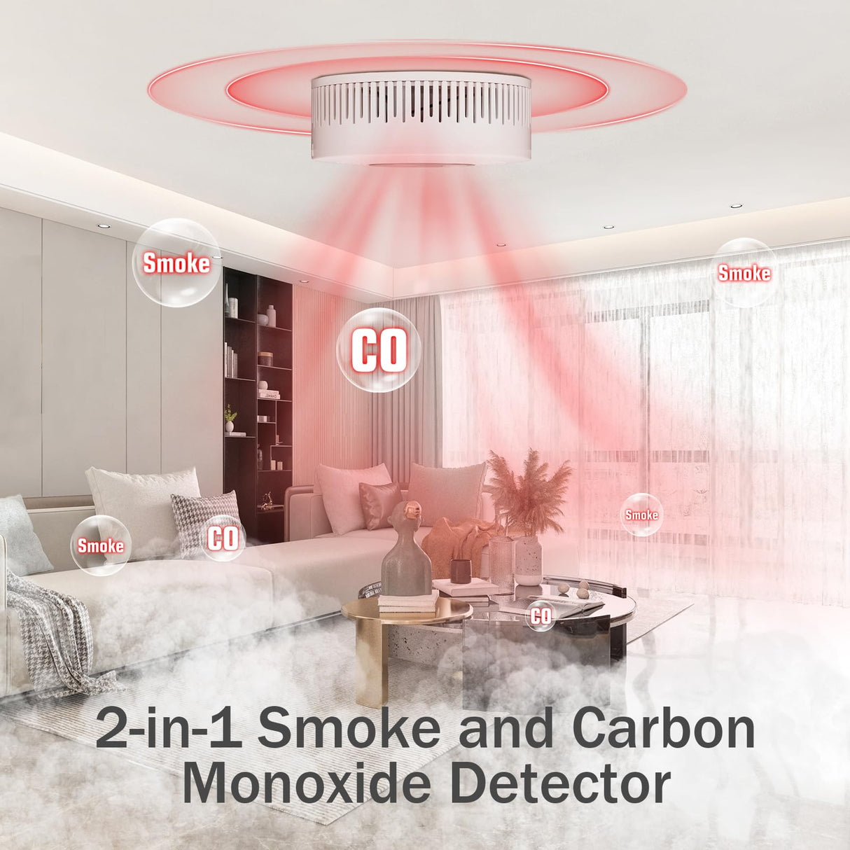 2-in-1 Smoke and Carbon Monoxide Detector 10-Year Battery-Powered CO Alarm with Clear LCD Display and Sound Warning for Home Reliable Detector for Enhanced Safety and Protection (Includes Batteries)