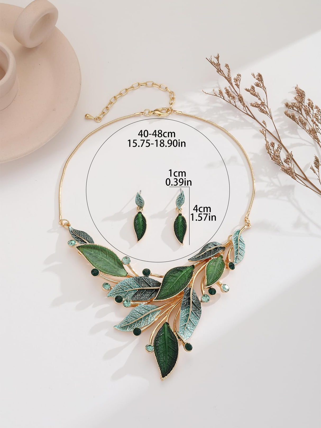 Mycitta Vintage Chunky Statement Jewelry Set 14k Gold Plated Retro Spring Green Leaf Floral Bohemian Boho Bib Necklace Earring Set Fashion Jewelry for Women Wedding Party Prom Unique Gift