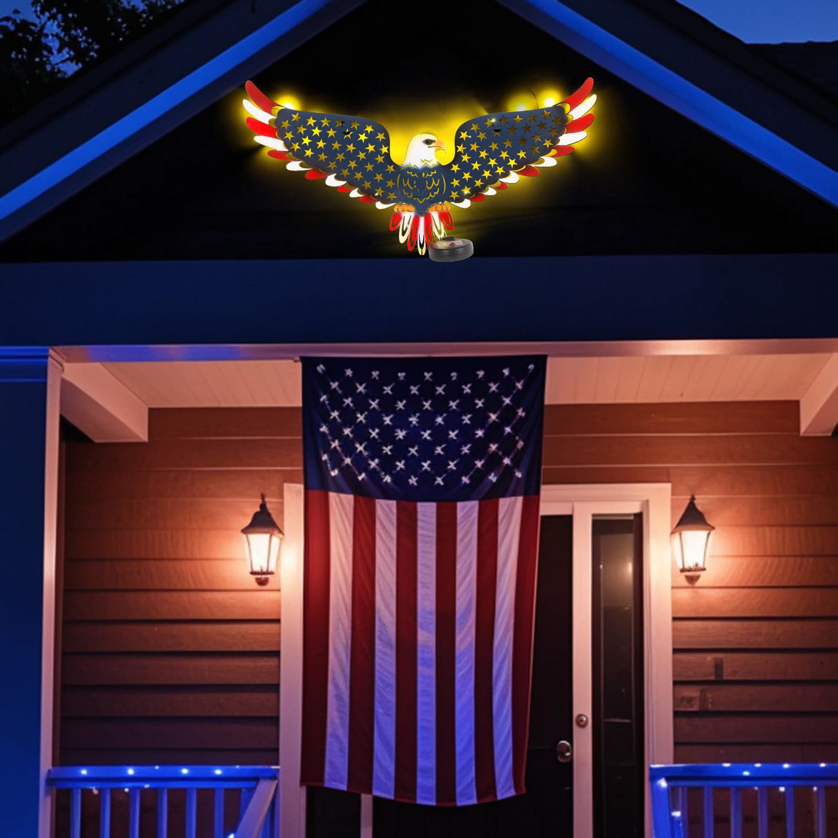 2 Pack 23" American Eagle Metal Wall Art with Solar Lights Outdoor 4th of July Decorations Outdoor | Led Patriotic Sculpture with American Flag | Solar Powered Independence Day Decor for Yard & Porch