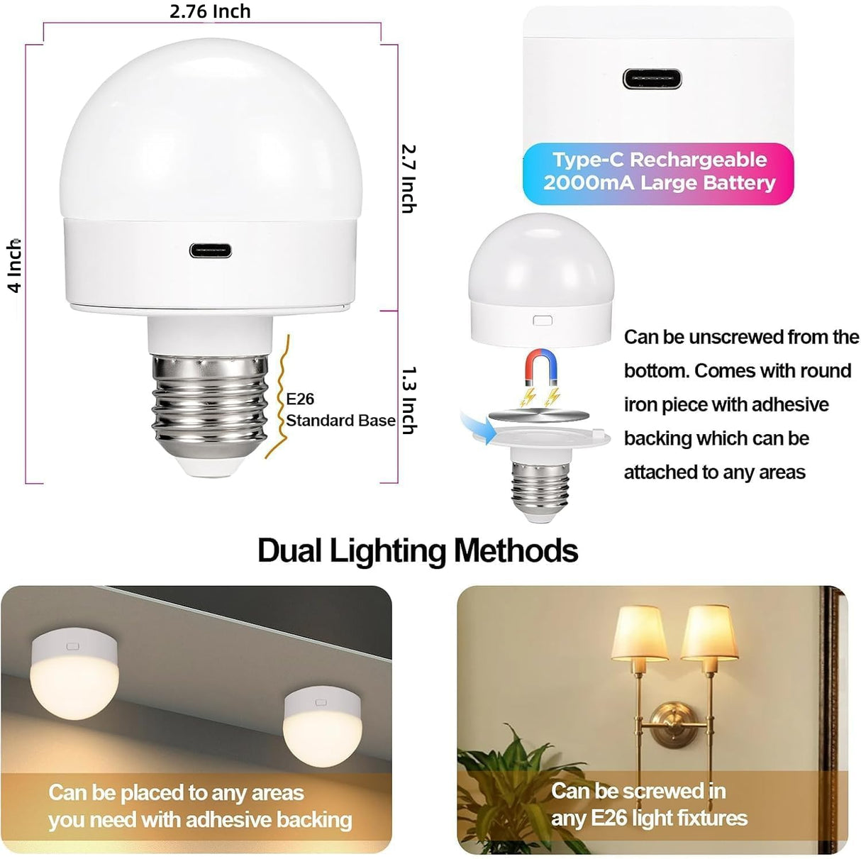 Yochoice Rechargeable Battery Operated Light Bulb with Remote & Timer, Dimmable Backup Magnetic LED Bulb with 15 Colors, Wireless Puck Light Bulb for Wall Sconce Lamps, Non-Hardwired, 2-Pack