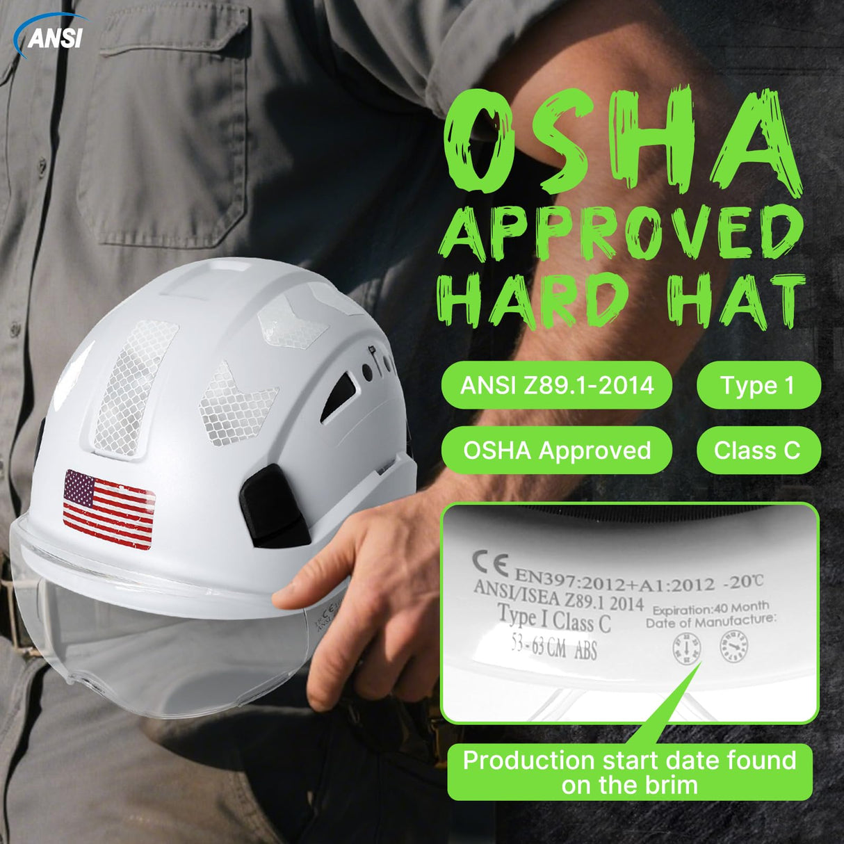 Hard Hats Construction OSHA Approved - ANSI Z89.1 Reflective Construction Worker Hat, Vented White Hard Hat with Visor for Men Women, ABS Safety Helmet for Adults,6-pt.Suspension
