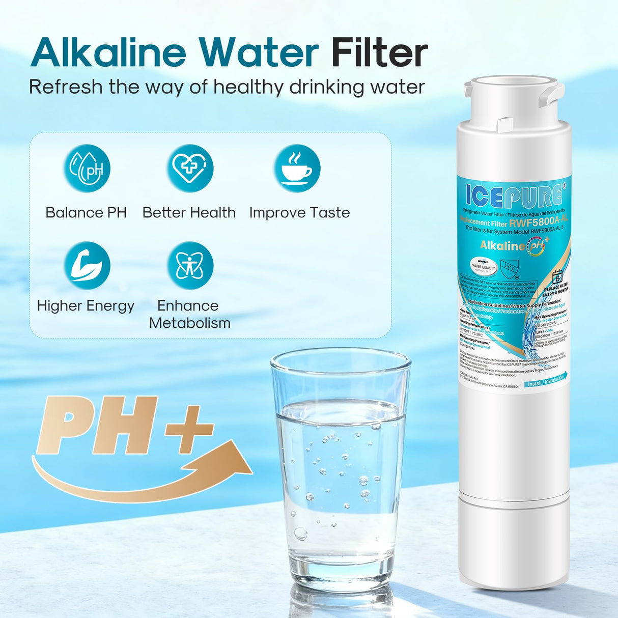 ICEPURE Alkaline RWF5800A-AL Refrigerator Water Filter Replacement for Frigidaire EPTWFU01, EWF02, Pure Source Ultra II, PureSource Ultra 2, GP006, BO022, MR022, SCWFTCTO, 4562222, Enhances PH, 4Pack