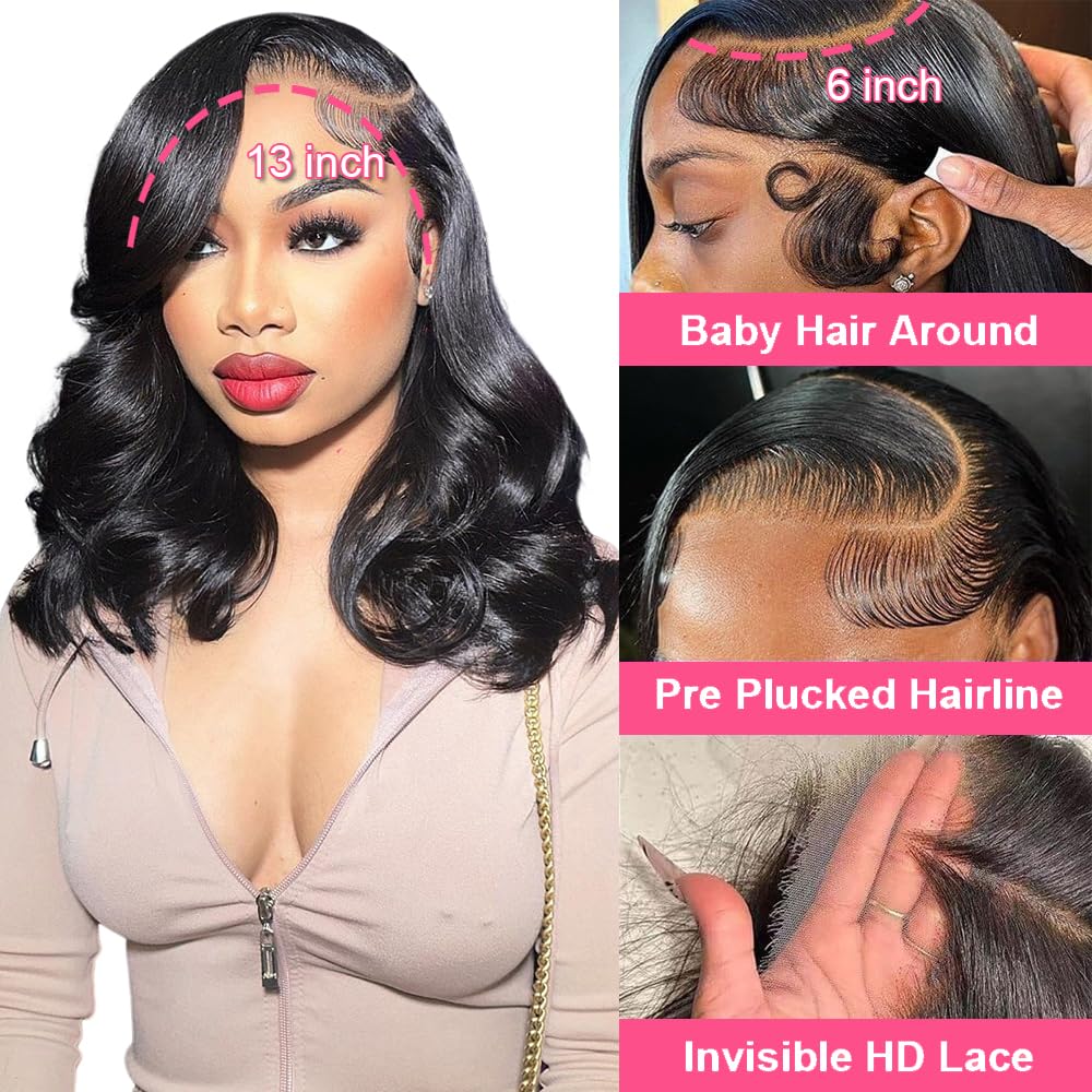 KinMos Bob Wig Human Hair 200 Density 13x6 Body Wave HD Lace Front Wigs Human Hair Glueless Lace Frontal Bob Wigs Short Bob Wigs for Black Women Pre Plucked with Baby Hair (14 inch, Bob Wig)