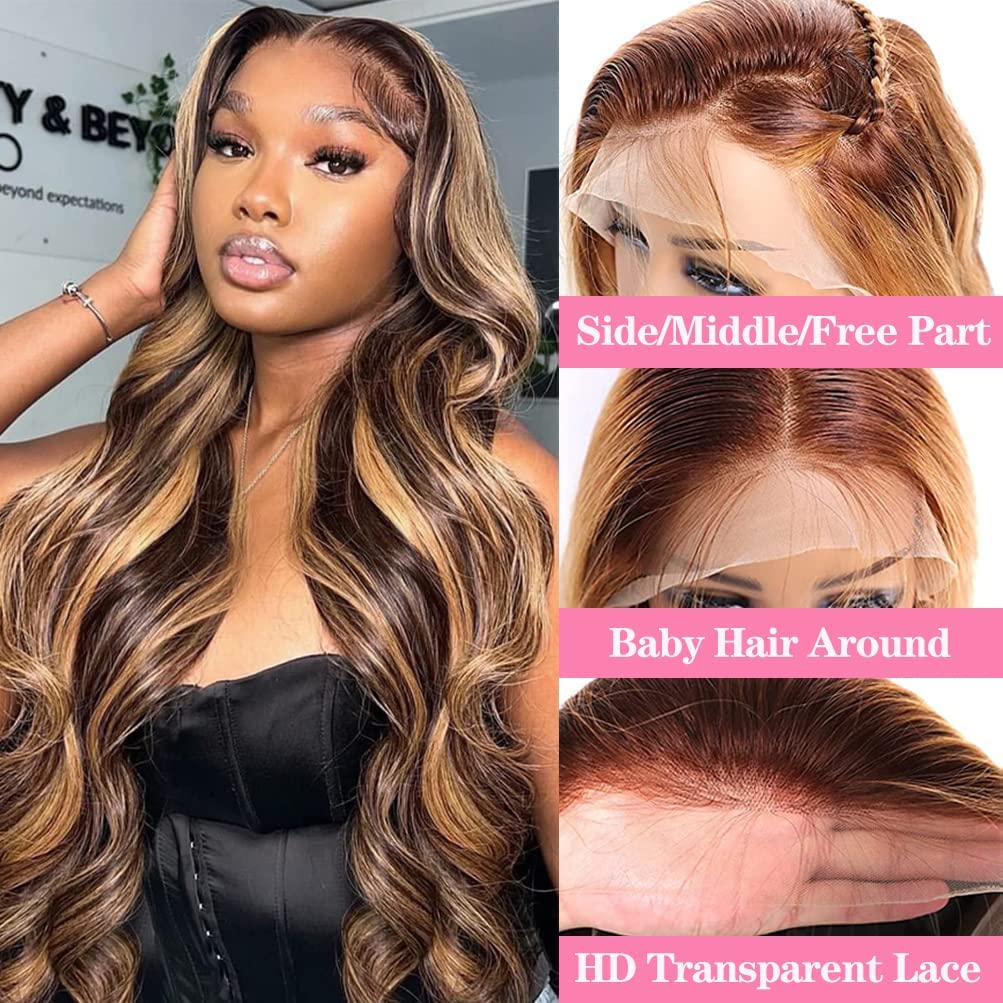 Atilck 360 Lace Front Wigs Human Hair Full Lace Human hair Wigs Ombre Lace Frontal 180 Density 4/27 Colored Honey Blonde 360 HD Transparent Wigs for Black Women (22 Inch)