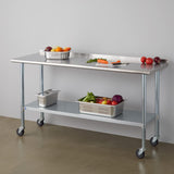Stainless Steel Table for Prep & Work with Caster & Backsplash 24x72 Inches, NSF Metal Commercial Kitchen Heavy Duty Table with Adjustable Under Shelf and Table Foot for Restaurant, Home and Hotel