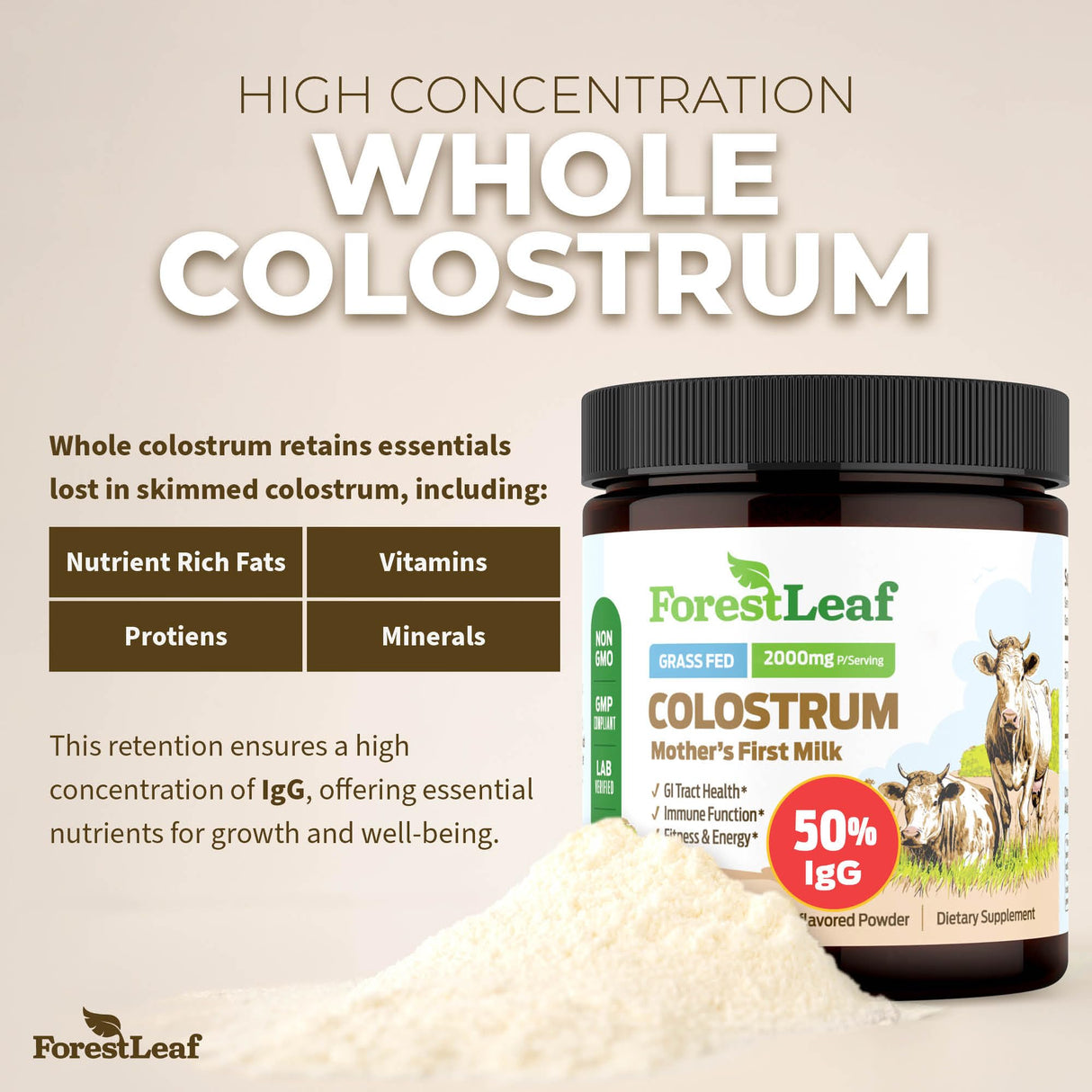 ForestLeaf Colostrum Powder 50% IgG Highest Pure Concentration, Grass Fed Colostrum Supplement for Gut Health, Immune Support and Muscle Recovery, Bovine Colostrum for Humans, Unflavored, 45 Servings