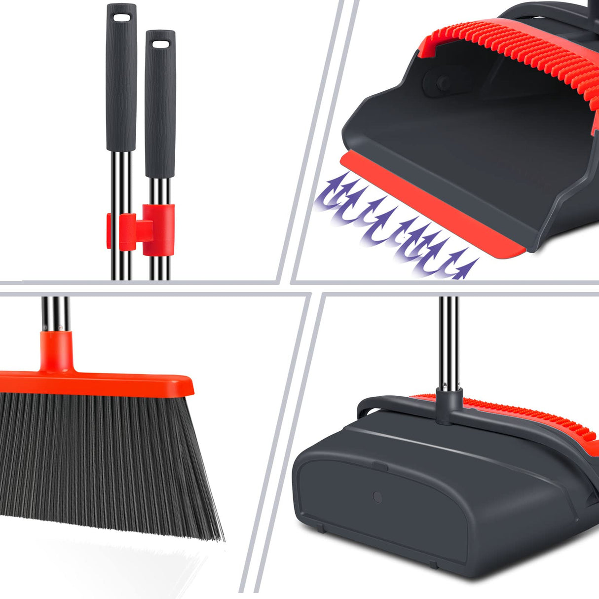 kelamayi Upgrade Broom and Dustpan Set, Broom with Dustpan Combo Set, Large Size and with Long Handle, Upright,Ideal for Indoor Outdoor Garage Kitchen Room Office Lobby Use (Black&Red)
