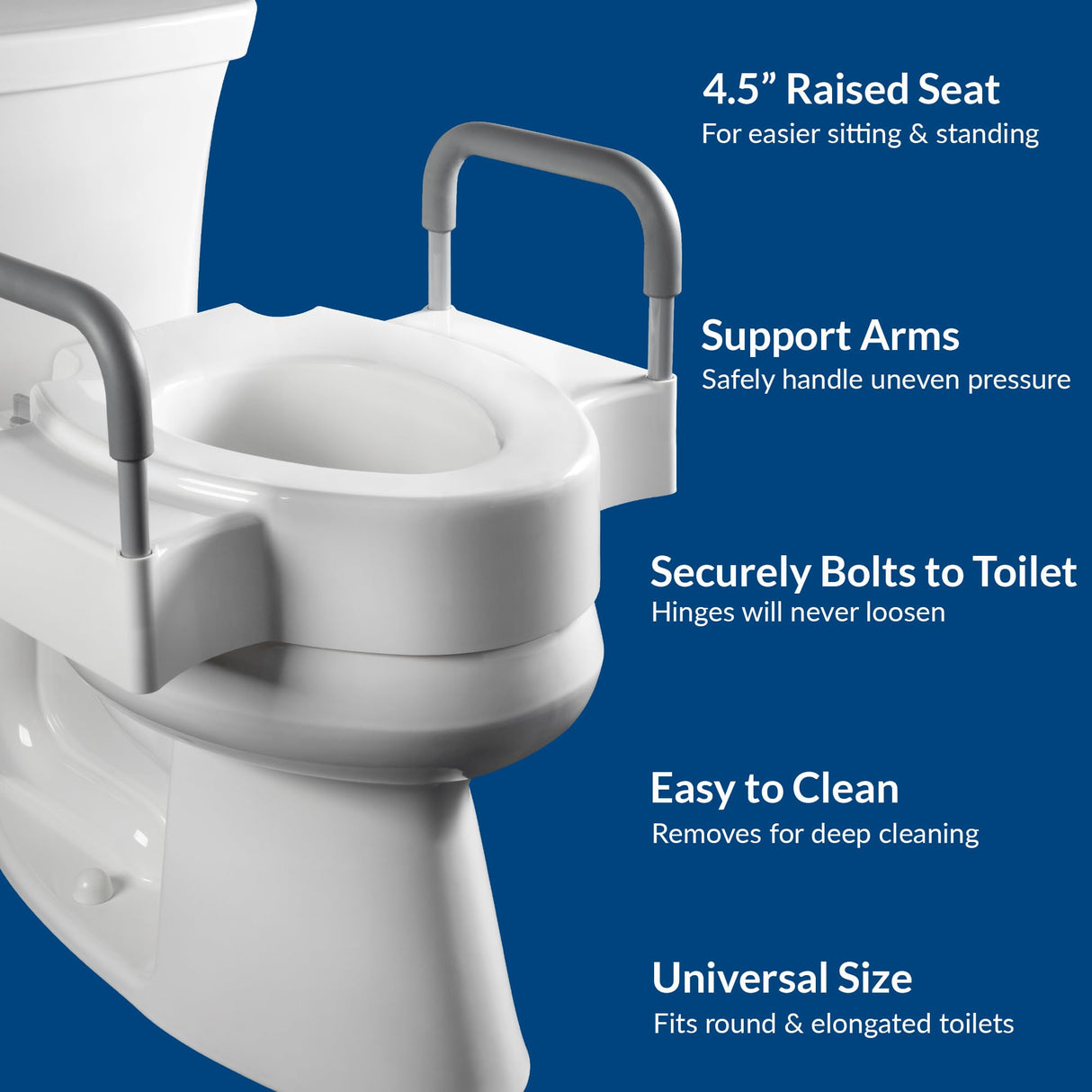 Bemis Rise 4.5" Raised Toilet Seat with Handles, Toilet Seat Riser for Seniors with Secure Hinges, Fits Round and Elongated
