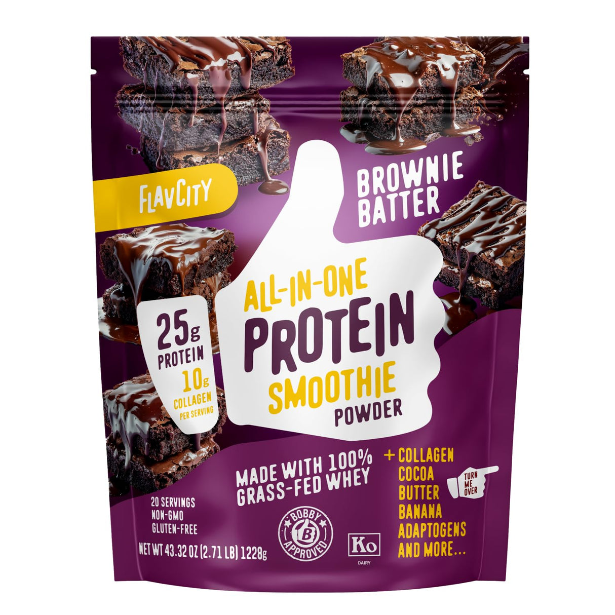 FlavCity Grass Fed Whey Chocolate Protein Powder - Brownie Batter - 25g Protein & 10g Collagen - Made with Organic Cocoa & Coconut Milk - Gluten Free & No Added Sugars (20 Servings)