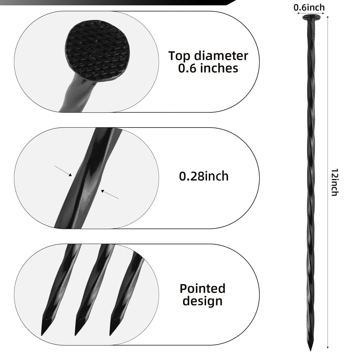 POSEOFFR 12 Inch Heavy Duty Landscape Stakes, 15 Pack Metal Spiral Artificial Turf Nails with Black Anti Rust Coating, for Paver Edging, Weed Barrier, Lawn