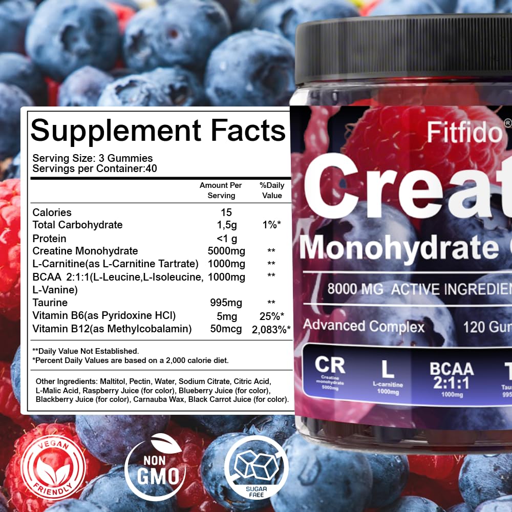 Creatine Monohydrate Gummies Complex 8000mg for Men and Women, Containing L-carnitine & Taurine, Build Muscle, Boost Energy, Faster Recovery, Pre-Workout Supplement, Raspberry & Blackberry, 120 Count