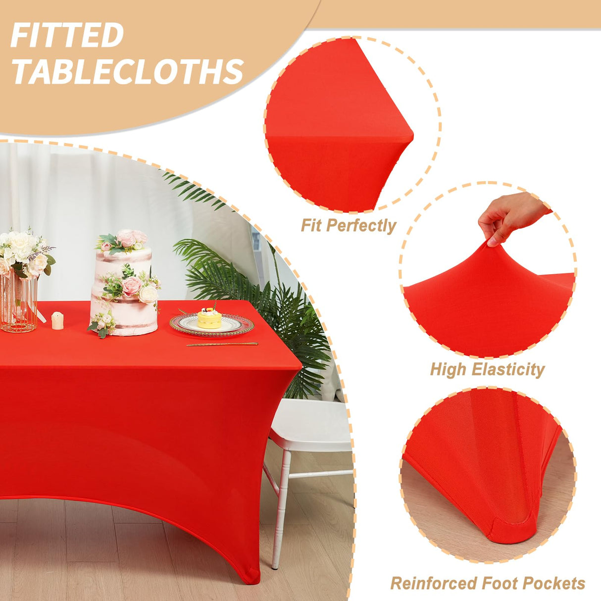 Fixwal 3 Pack Red Table Cloths Rectangle 6FT, Tablecloths Rectangular Stretch Spandex Fitted Table Covers 6 ft for Festival Parties, Christmas Decorations, Trade Shows, Banquet, Weddings, Event
