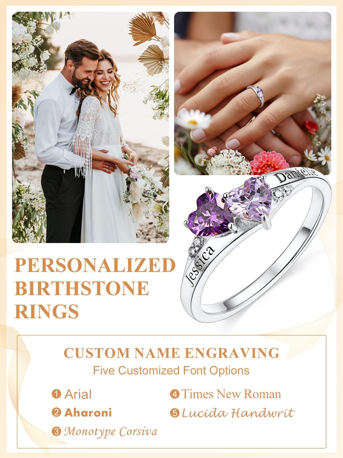 Custom4U Sterling Silver Rings for Women Personalized Name Ring with 2 Birthstones Engagement Promise Wedding Band Sparkling Jewelry Daily Wear