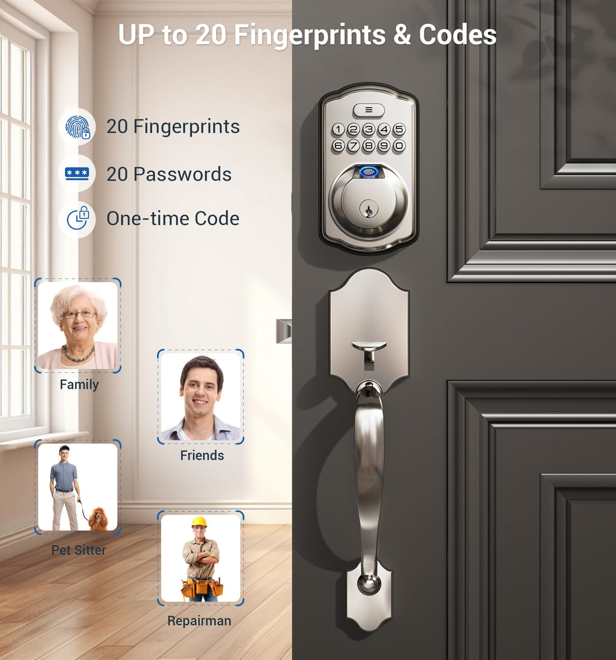 Veise Fingerprint Door Lock Set, Keyless Entry Door Lock, Front Handle Set, Electronic Keypad Deadbolt with Lever Handle, 2 Keys, Auto-Locking, One-time Codes, Easy to Install, Satin Nickel