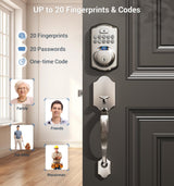 Veise Fingerprint Door Lock Set, Keyless Entry Door Lock, Front Handle Set, Electronic Keypad Deadbolt with Lever Handle, 2 Keys, Auto-Locking, One-time Codes, Easy to Install, Satin Nickel