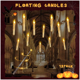Floating Candles with Wand Remote, Magic Floating Halloween Candles, Flameless LED Flickering Witch Decor Hanging Candles for Halloween Christmas Birthday Party Room Ceiling Decorations, Pack of 12