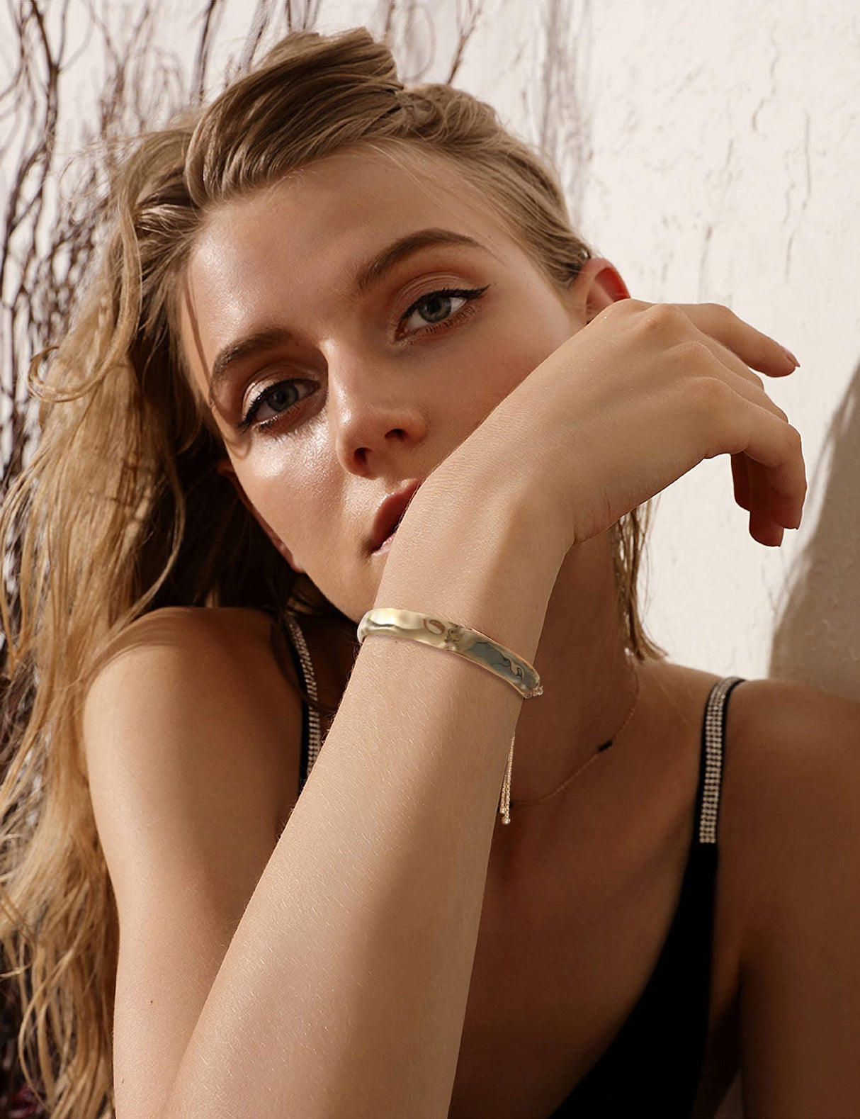 WOWORAMA Gold Bar Bracelet for Women Adjustable Slider Bangle Bracelets 14K Gold Plated Curved Bar Bolo Bracelet Simple Friendship Bracelet - Gold Hammered Bar Bracelet