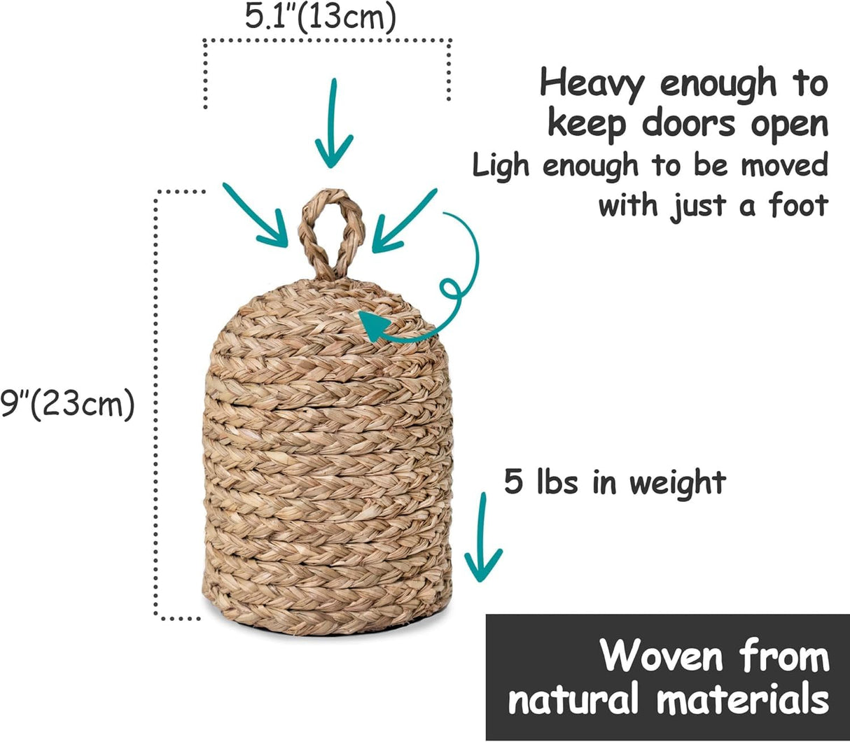 PEMAR Natural Wicker Door Stopper with Handle, Decorative Door Stop, Heavy Indoor Doorstop, Rustic Farmhouse Blocker Jammer 5.1''D x 7.5''H (Seagrass)