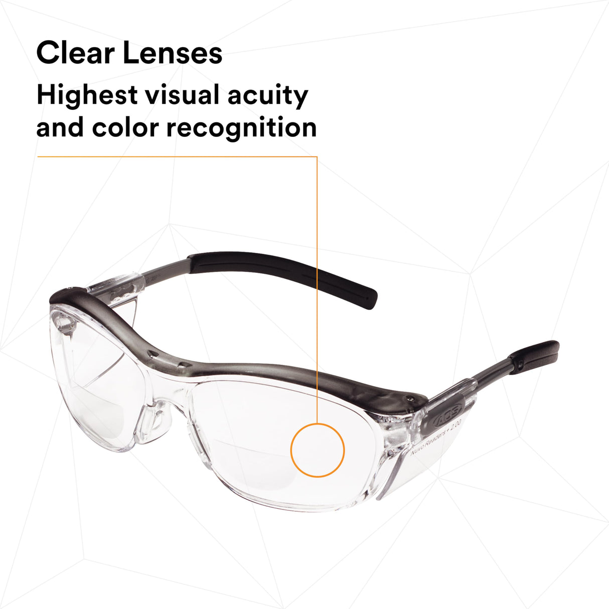 3M Safety Glasses with Readers, Nuvo Readers, +2.0 Diopter, Pack of 1, ANSI Z87, Clear Lens, Gray Frame, Soft Nose Bridge, Side Shields