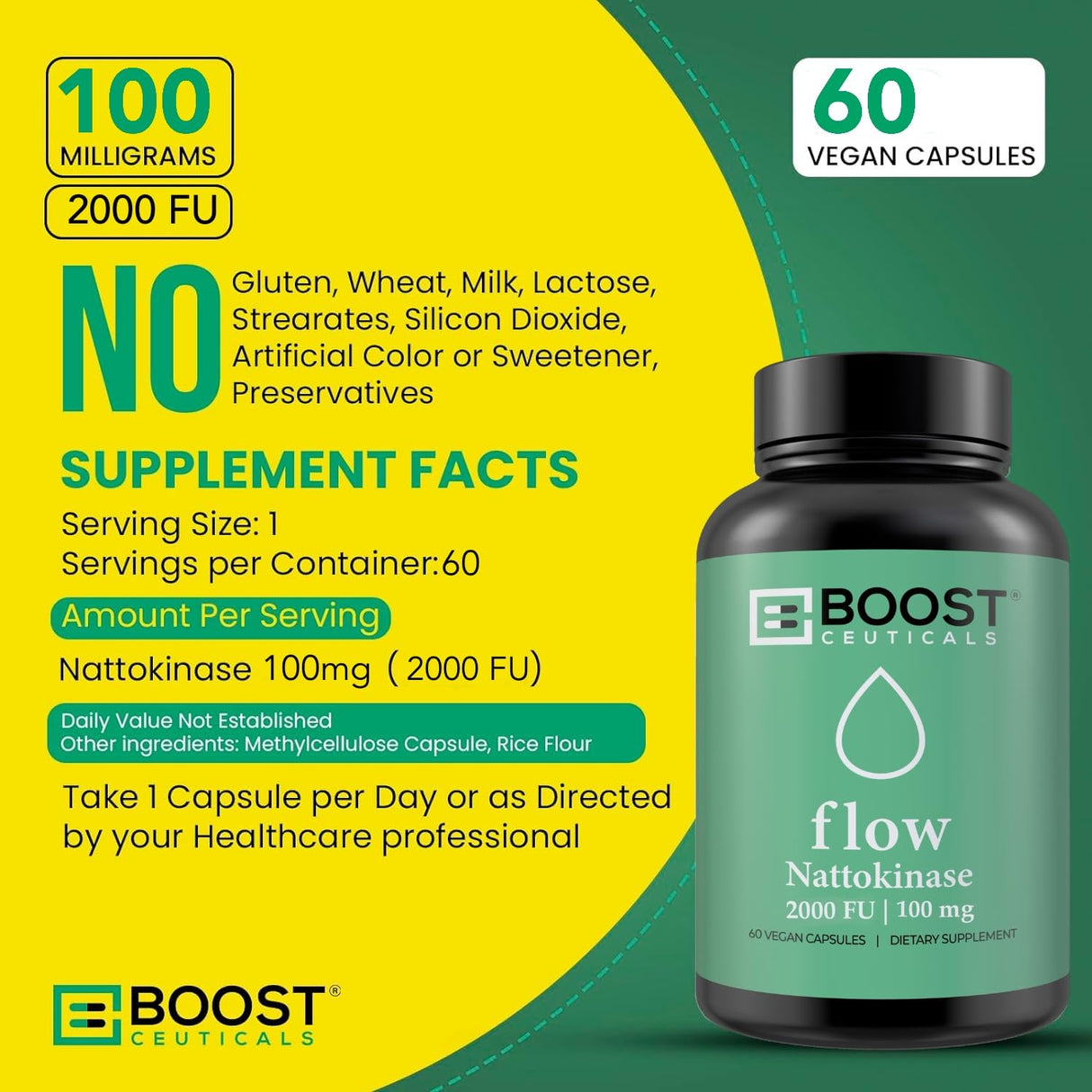 BoostCeuticals Nattokinase Supplement 2000 FU 100mg | 60 Vegan Capsules | No stearates, Non GMO Gluten Free Natural Blood Thinner & Blood Flow Supplement