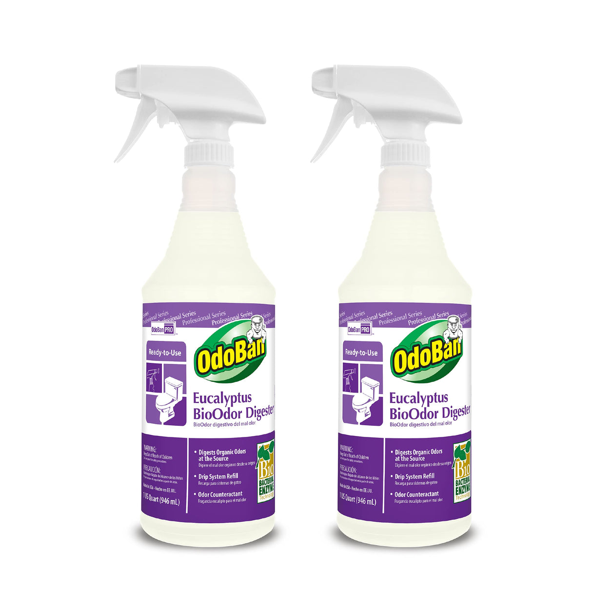 OdoBan Professional Cleaning Ready-to-Use BioOdor Digester Harsh Aroma Counteractant, Made in the USA, Eucalyptus Scent, 2-Pack, 32 Ounce Sprays Each