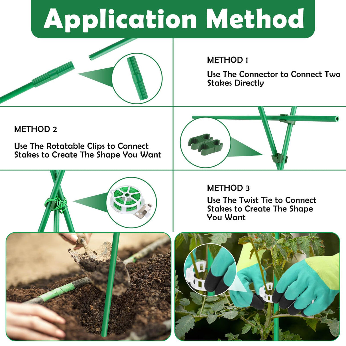 Cludoo 232PCS Garden Stakes Set with 70 Sets Fiberglass Plant Stakes Sticks Supports and Accessories, DIY 4ft 5ft 6ft 7ft Tomato Stakes for Tomato,Vegetables, Pepper, Fences Indoor Outdoor Plants
