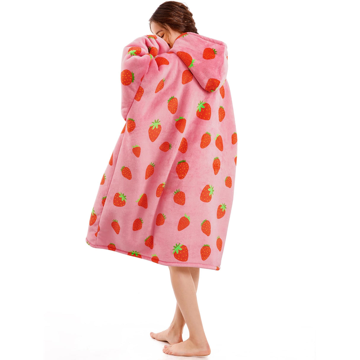 Narecte Oversized Blanket Hoodie Wearable Blanket Sweatshirt for Women Adults Soft Hooded Blanket Warm Oversized Hoodie Blanket Birthday Gifts for Women Christmas Gift for Friends Female Strawberry