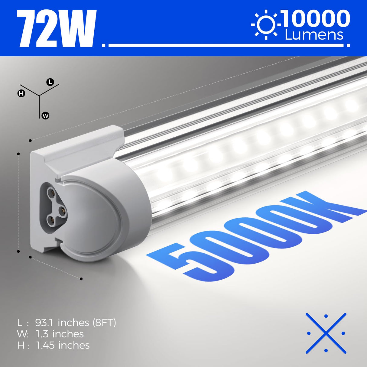Barrina LED Shop Lights, 8FT 72W 10000LM 5000K, Daylight White, V Shape, Clear Cover, High Output, Linkable, T8 LED Tube Light, for Garage 8 Foot with Plug (Pack of 10)